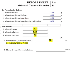 Moles and chemical formulas report sheet